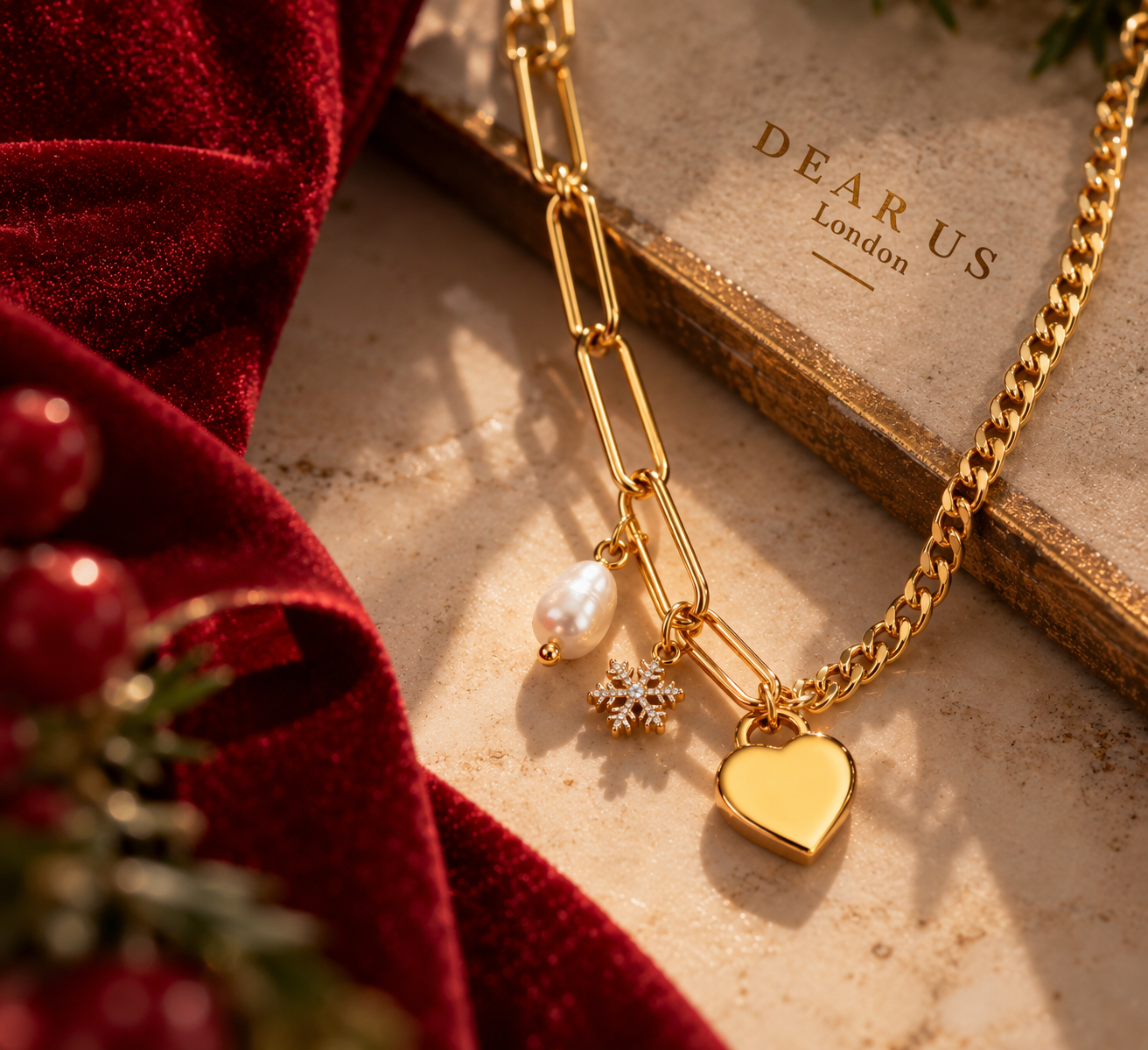 A gold charm necklace arranged in a Christmas still life