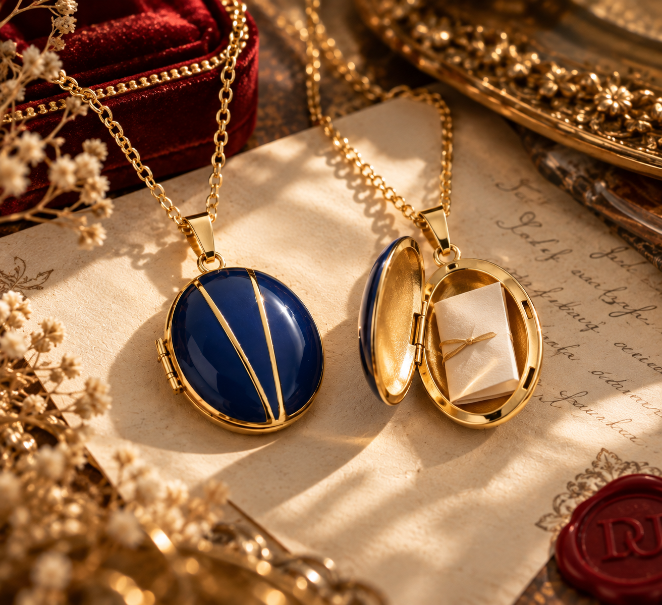 A blue and gold hidden-letter locket in a Christmas still life