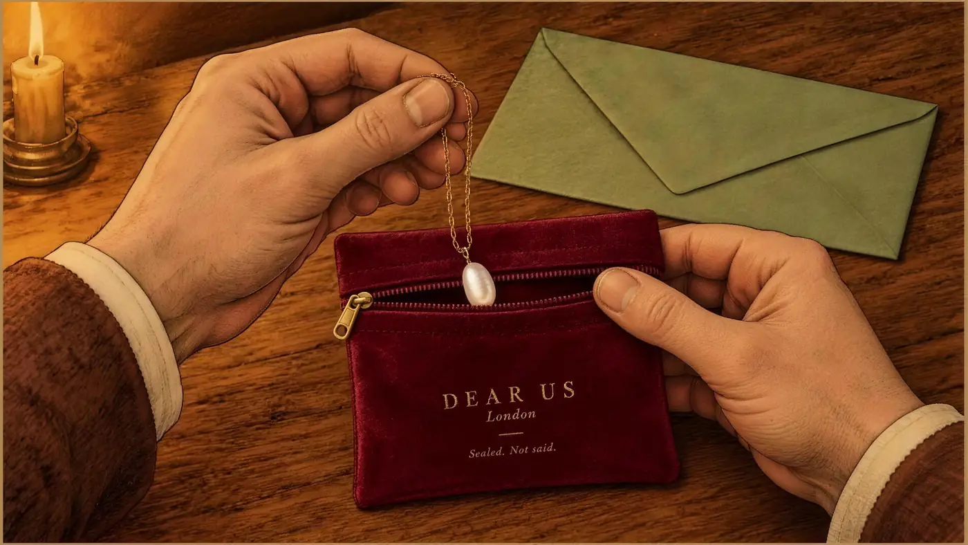 A necklace being placed inside a red Dear Us velvet pouch