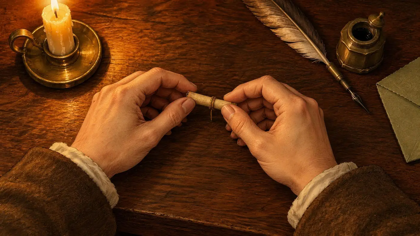 Hands closing a tiny handwritten paper scroll