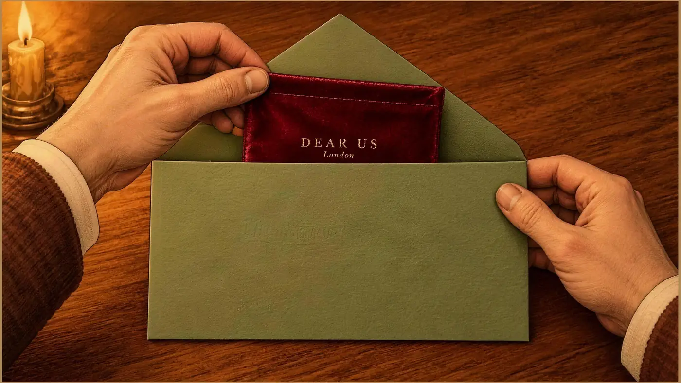 A red Dear Us velvet pouch being tucked inside a green envelope