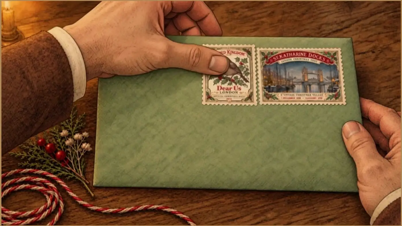 A green vintage envelope decorated with Dear Us London Christmas stamps
