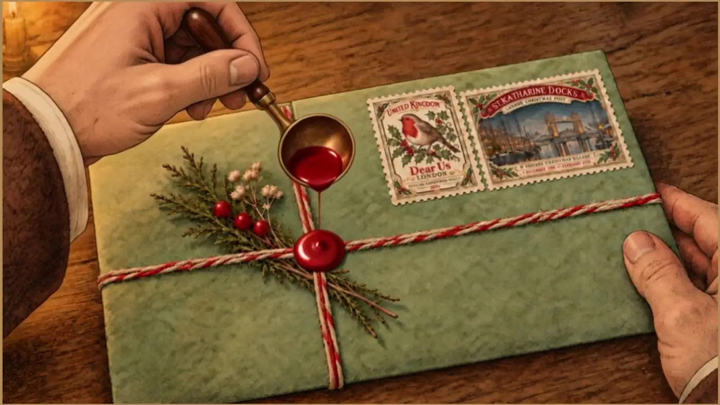 Red sealing wax being poured onto the decorated Christmas envelope
