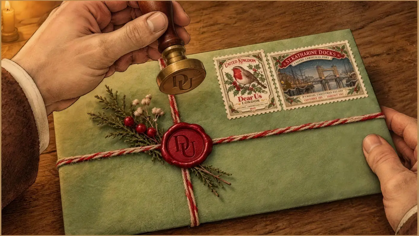 A finished green Christmas envelope sealed with red wax and the Dear Us monogram